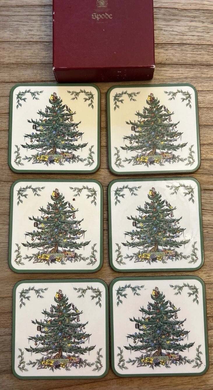 Vtg Pimpernel Spode Christmas Tree Box Set Of 6 Coasters 4.25” Cork Bottom EUC
